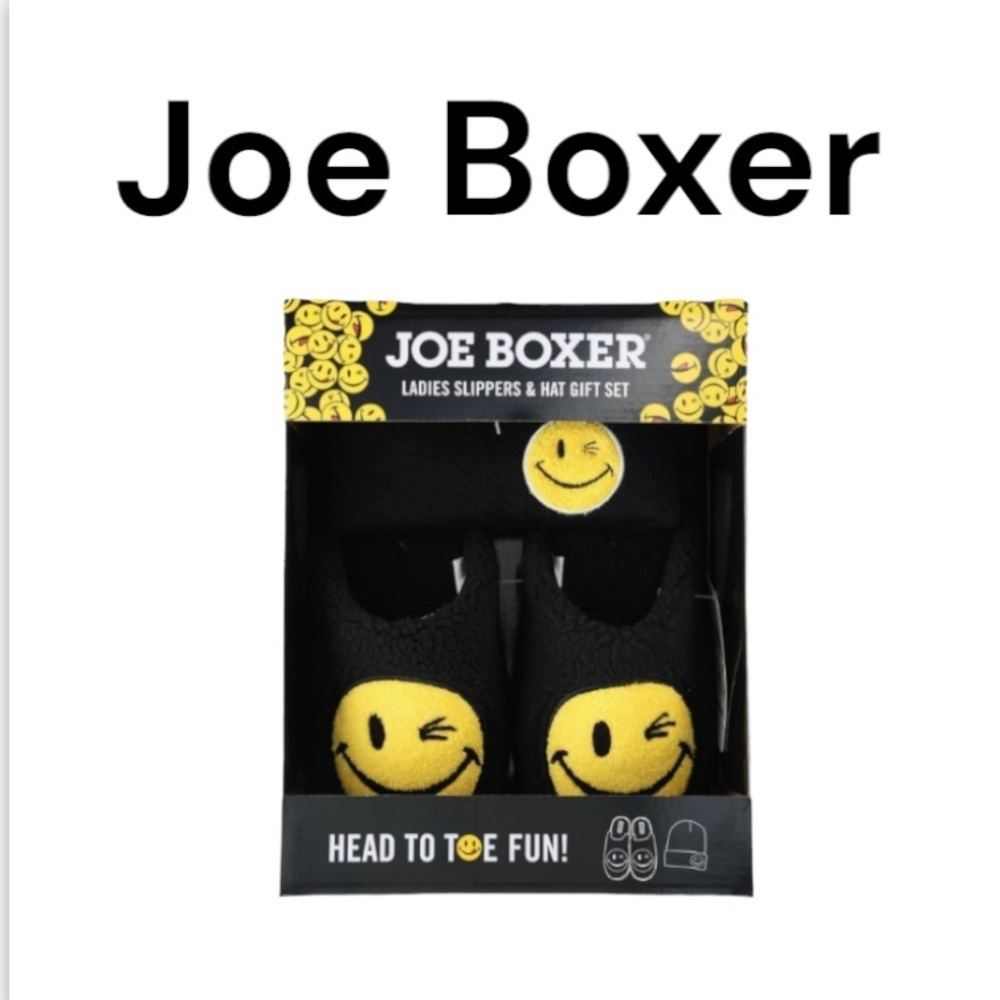 NWT Joe Boxer Women's Smiley Face Black & Yellow Slipper & Hat Gift Set Sz 6-7
